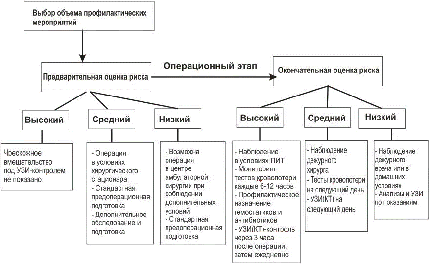 Рис. 1. Алгоритм профилактики осложнений при миниинвазивных чрескожных вмешательствах на печени.