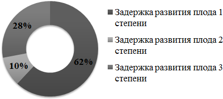 Рис. 1. Распределение группы женщин с преждевременными родами и задержкой развития плода по степени (%).